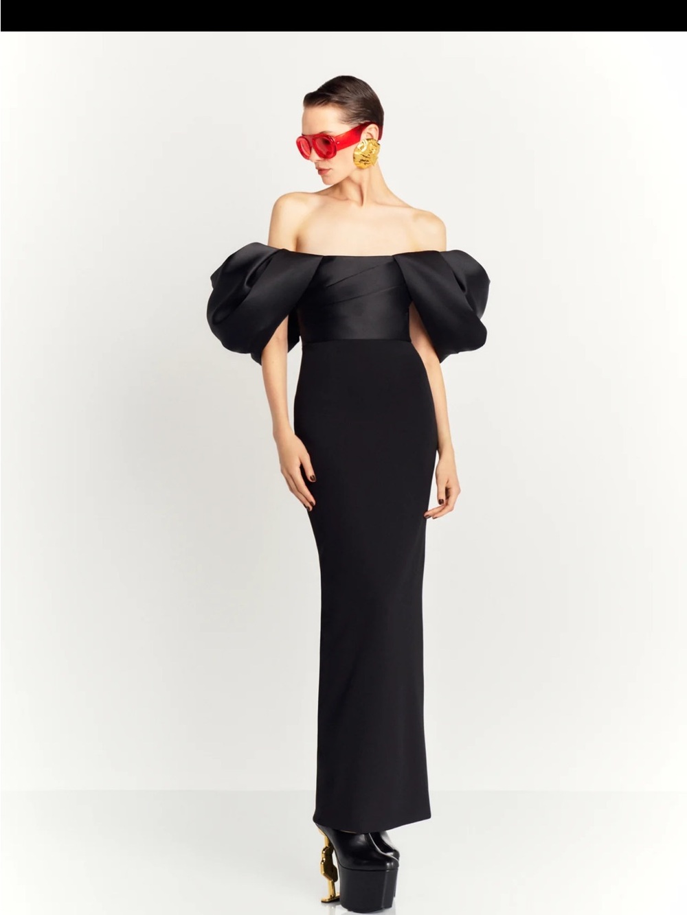 Solace London Sian Dress -Strapless Gown with Dramatic Puff Sleeves